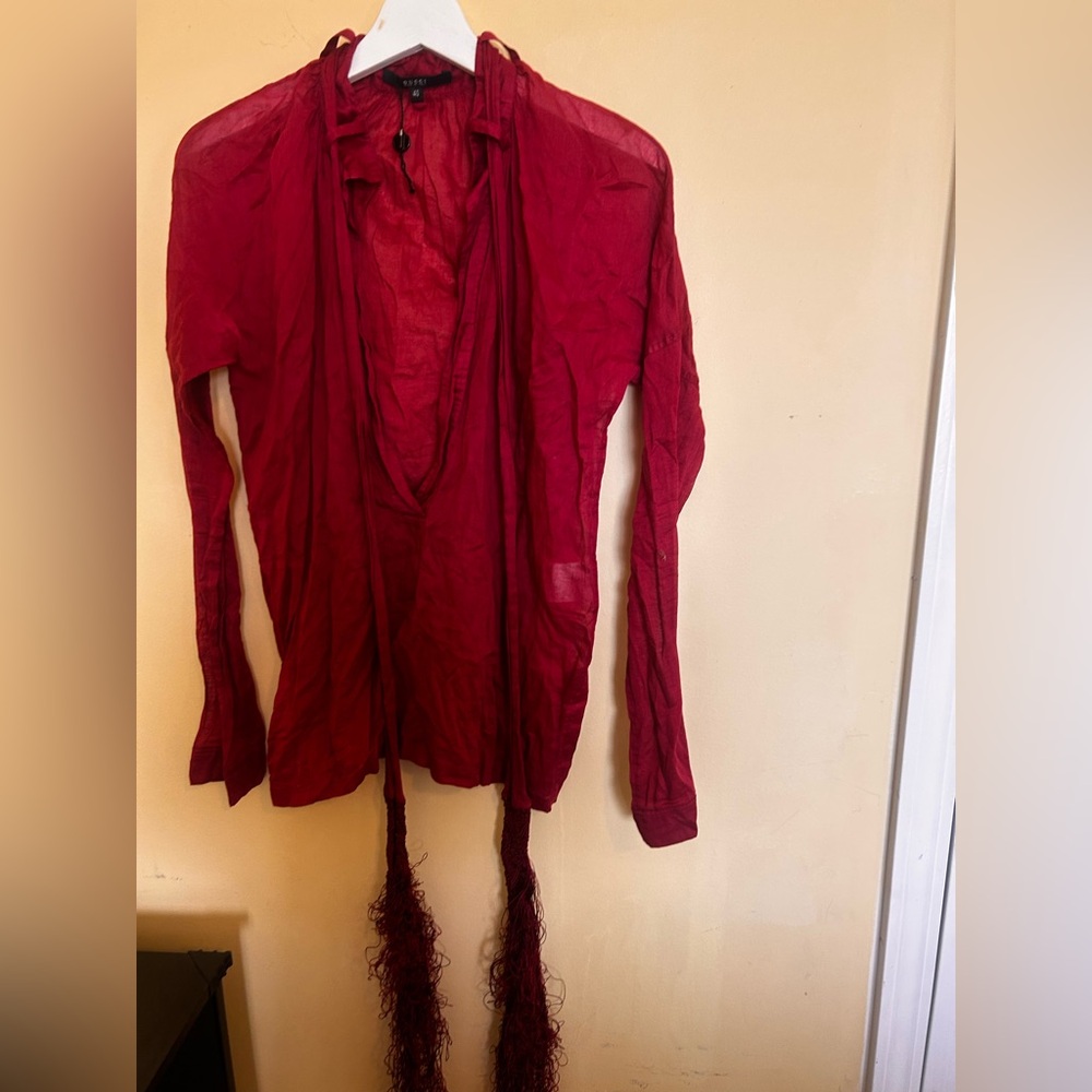Gucci Vibrant Red Blouse with Black Button Detail